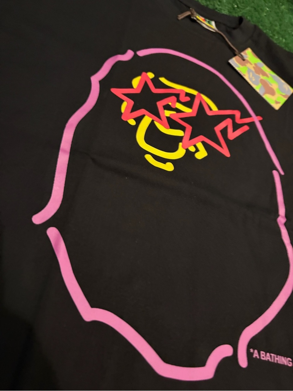 A Bathing Ape Black Short Sleeve Graphic Tee - Pink & Yellow Logo - Picture 2 of 6